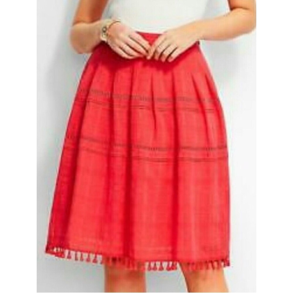 Talbots Women's Red Tassel pleated Hem knee length 100% cotton Skirt size 10 EUC